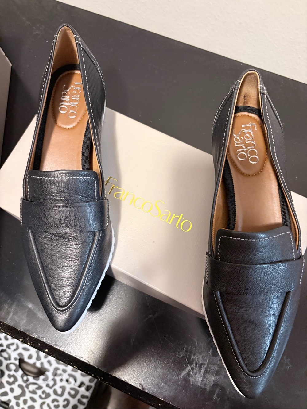 Franco Sarto Black Pointed Leather Penny Loafers